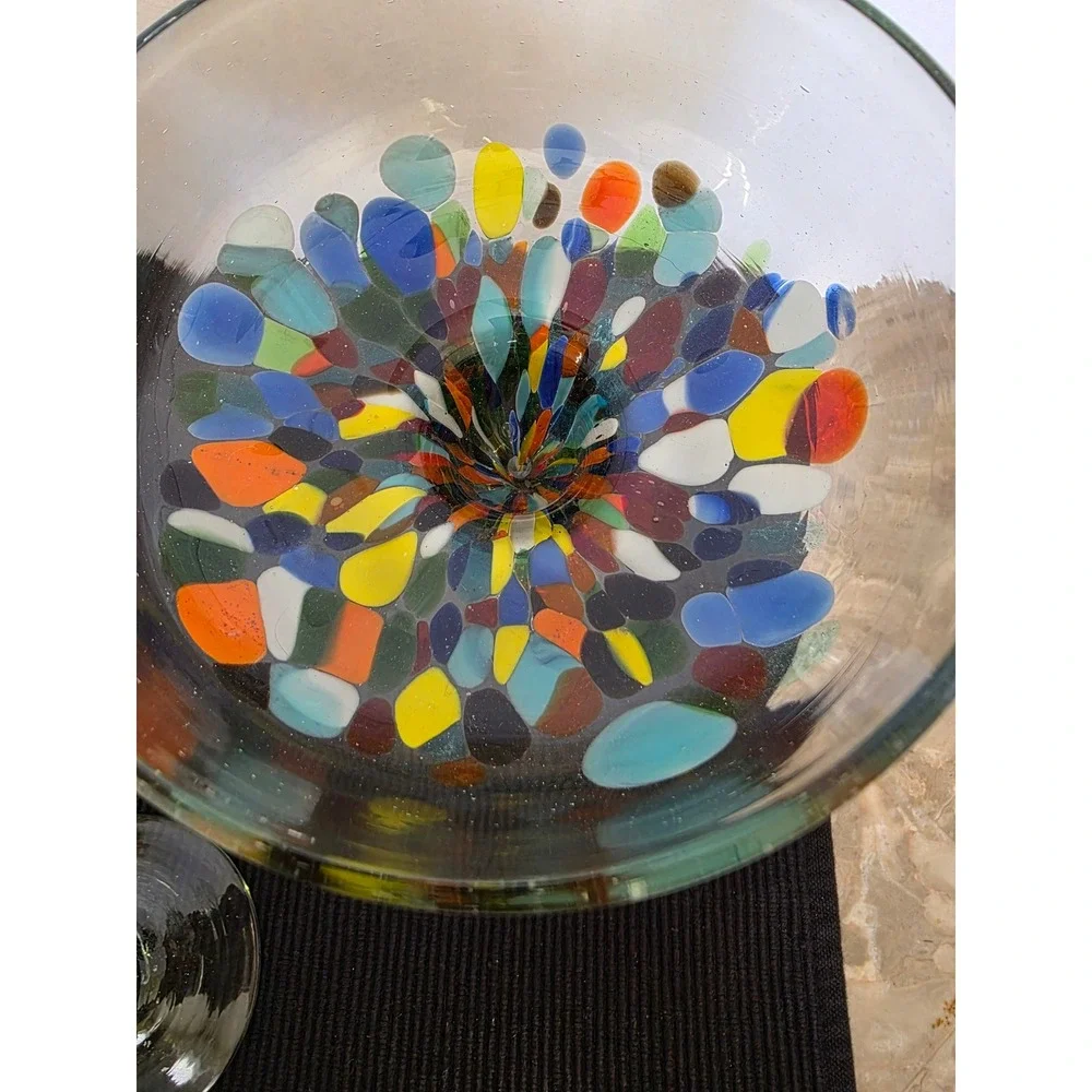 Set of 3 Hand Blown Mexican Margarita Glasses with Colorful Confetti Swirl Stems